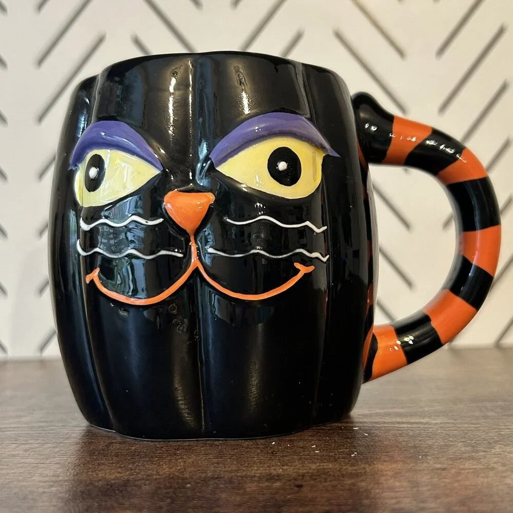 Cracker Barrel Black Cat Pumpkin Shaped Ceramic Mug 16oz Halloween Themed